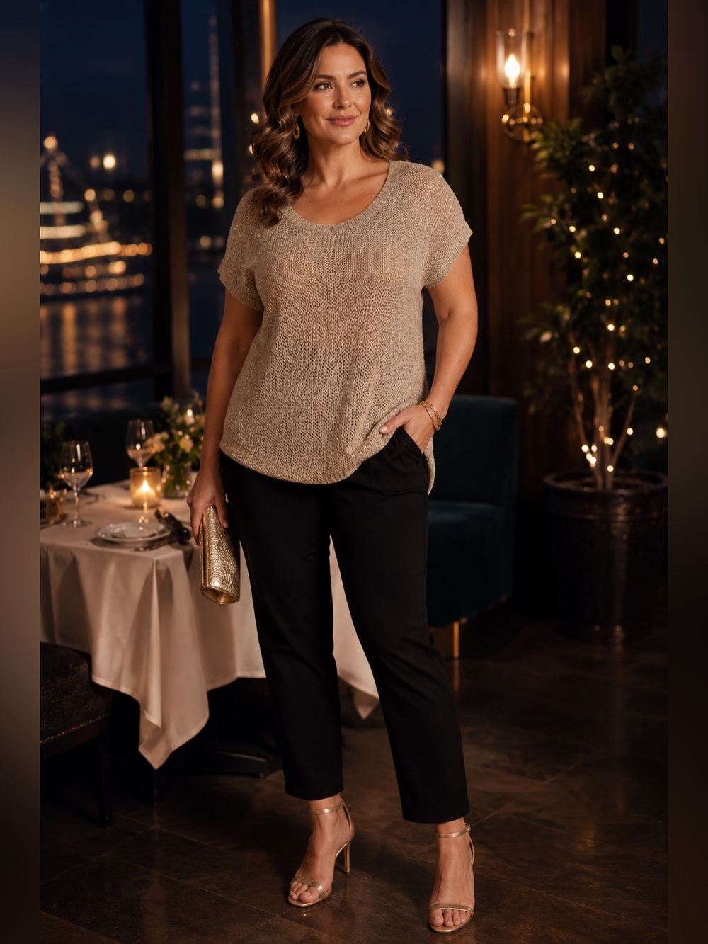 INC Metallic Gold Shimmer Knit Tunic Sweater L Scoop Neck Holiday Party Cruise